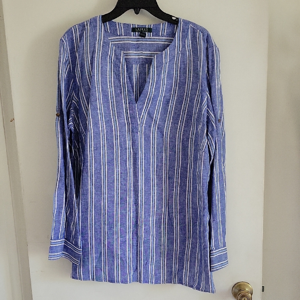 Lauren Ralph Lauren Blue & White Striped Linen Tunic Shirt Sz 1X
